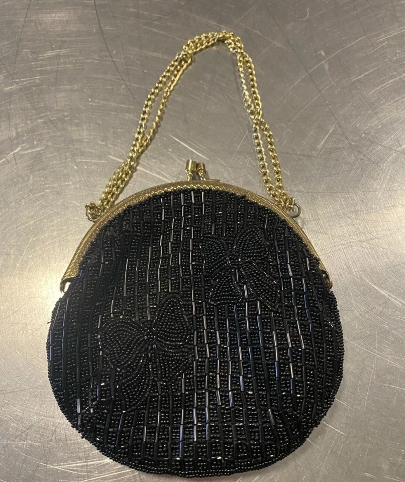 Vintage Black Beaded Round Evening Bag with Gold Chain - Image 1 of 3