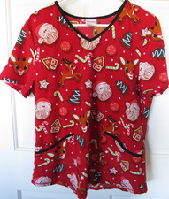 Rudolph Womens Medical Scrub Top Medium S/S Red Nosed Reindeer Santa Candy Cane
