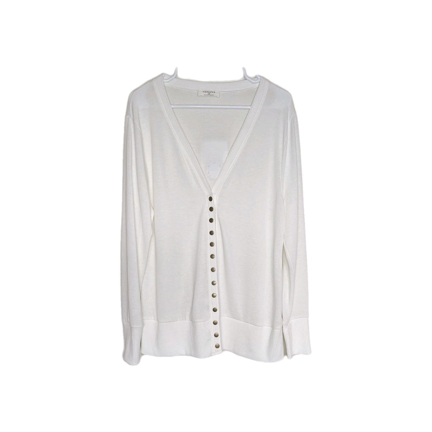 Zenana 1X White Snap Button Cardigan V Neck Long Sleeve Rib Knit Minimalist Chic