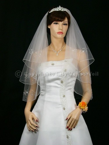 2T White Bridal Elbow Length Motifs Beaded Pencil Edge Wedding Veil - Picture 2 of 5