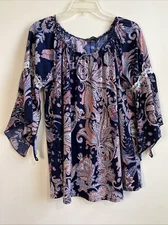 Naif Floral Paisley Blouse Size Medium Top Boho Peasant Scoop Neck Blue Peach