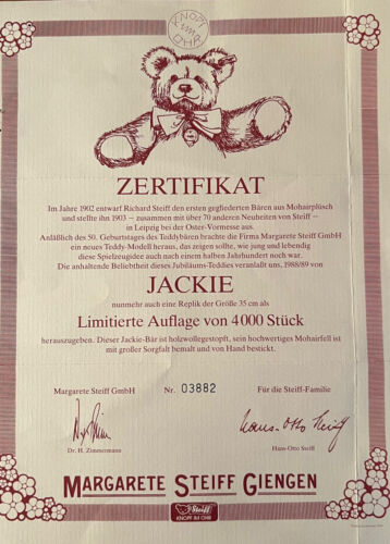 RAR Steiff Bär Jubiläum Teddy Jackie limitiert 0190/35 Mohair ZERTIFIKAT wie neu - Bild 2 von 8