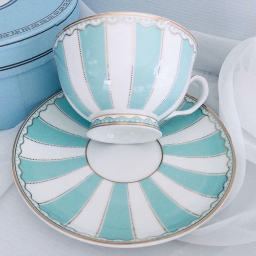 CUP AND SAUCER SET TURQUOISE & WHITE STRIPE WITH GOLD ETCHING - Picture 2 of 3