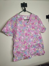 Scrub Top womens L Large by Jaylyn Summer Butterflies Pink