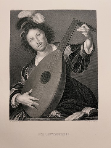BERNARDO STROZZI THE LUTE PLAYER ART 1872 ANTIQUE STEEL ENGRAVING ENGRAVING