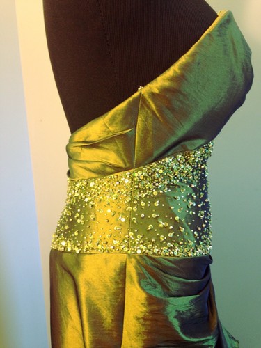 VTG Tiffany Taffeta Green Gown Shimmer Aurora HighLow Ruffle Strapless Jewels 8 - Picture 9 of 12