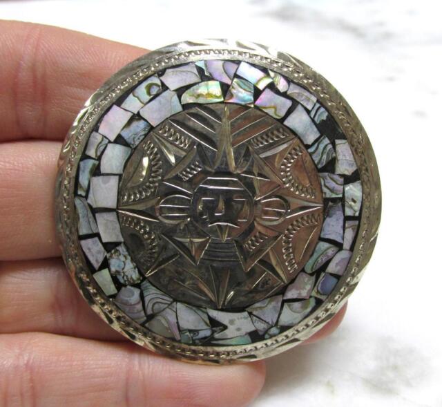 Mexico Signed Sterling Silver Inlaid Abalone Round Pin / Brooch 19.5g ~ 8-E603