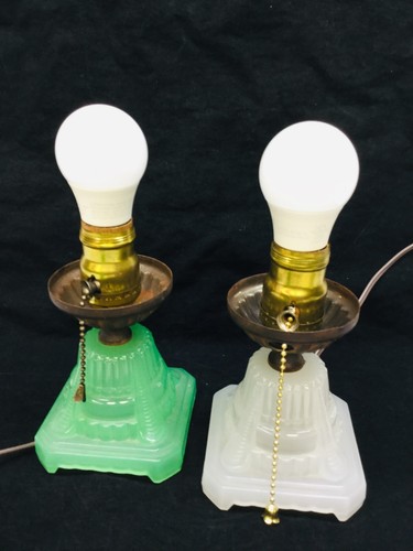 Pair of Art Deco Houze Houzex Lamps Skyscraper Torpedo Jade Green & White - Picture 7 of 11