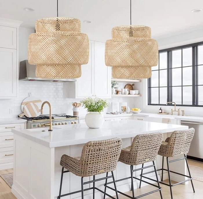 Lámpara colgante de mimbre beige claro lámpara de ratán lámpara colgante tejida Foto 3 de 4