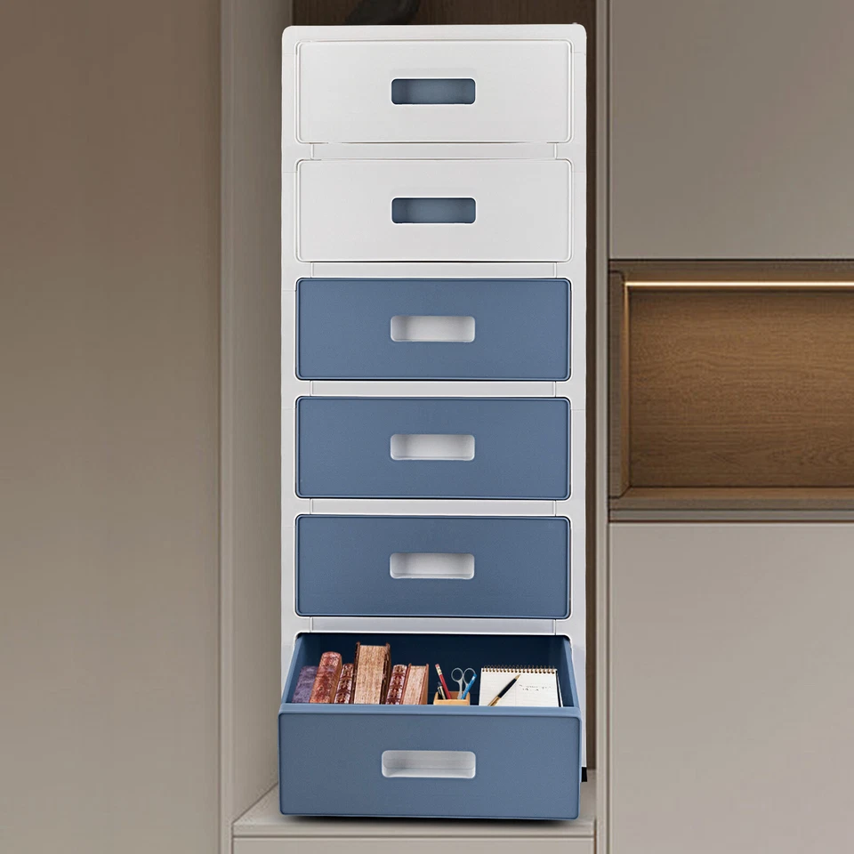 33in Blue White 6-Drawer Organizer, Household/Office Storage Cabinet Drawer Type