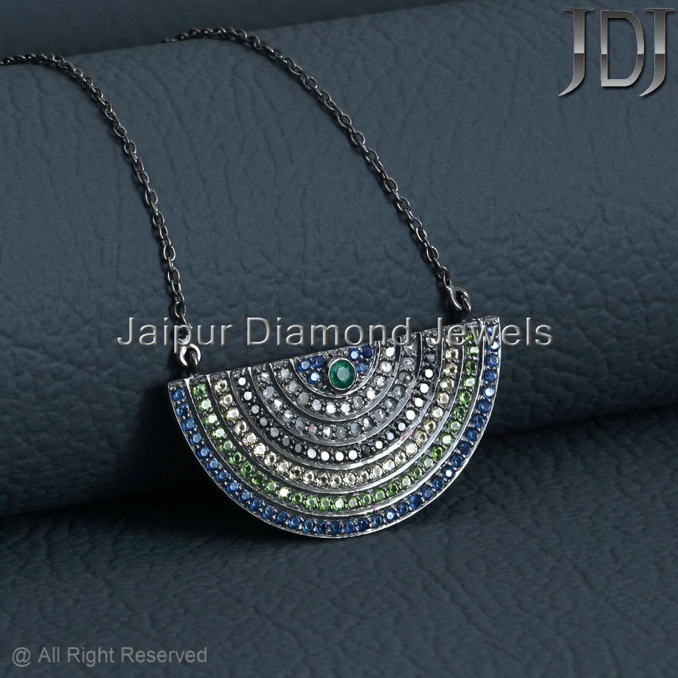 Natürlich Pflastern Diamant Multi Edelstein Halskette 925 Sterlingsilber - Bild 3 von 4