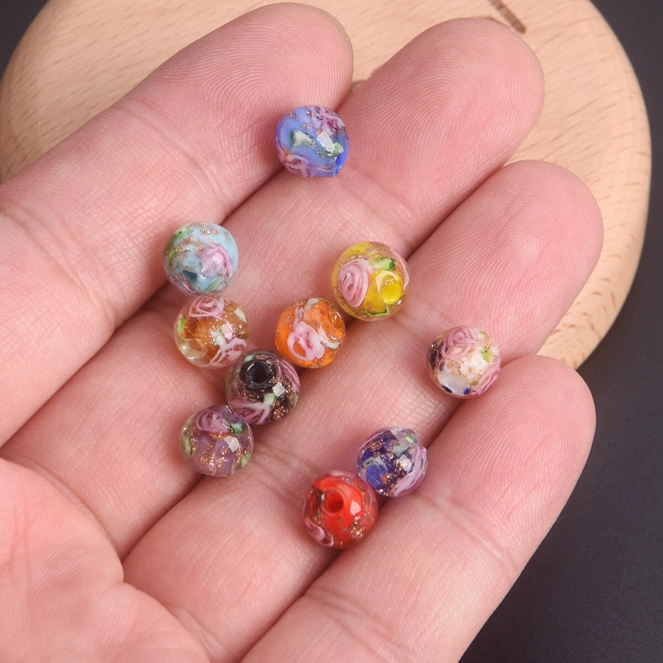 10pcs 8mm Round Golden Foil Flower Lampwork Glass Loose Beads For Jewelry Making - Image 4 of 4