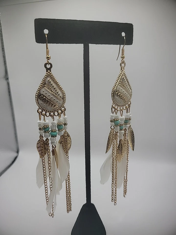 Gold Tone Hook Earrings Womens Drop Dangle Feathers Tassel Jewelry Costume - Image 2 of 4