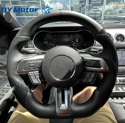 Matte Carbon Fiber Sport Flat Steering Wheel For 2015-2022 Ford Mustang GT White