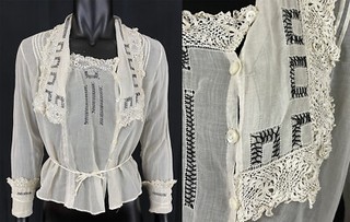Edwardian White Batiste Black Stitch Irish Crochet Lace Shirtwaist Middy Blouse
