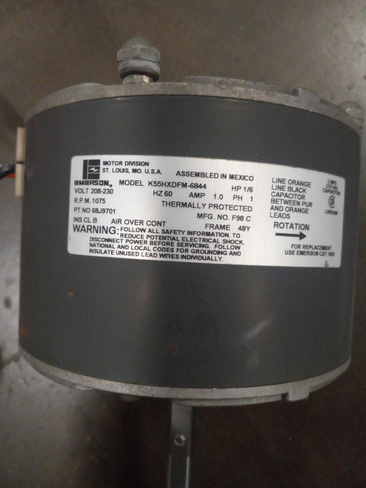 Emerson K55HXDFM6844 Condenser Fan Motor Lennox 68J9701 / 1/6 HP