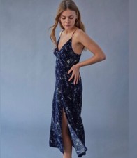 Urban Outfitters Womens Large Rooftop Blue Velvet Constellation Midi Dress Slit 
