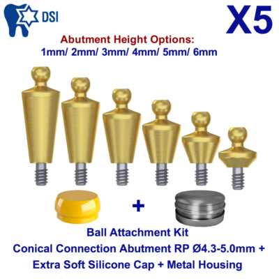 5x DSI Dental Conical Ball Attachment Kit RPØ4.3-5.0 + Extra Soft Cap + Housing