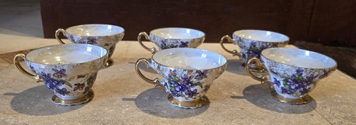 Japan China Teetasse und Untertasse 6er Set Vintage lila Blumen Veilchen - Bild 5 von 13