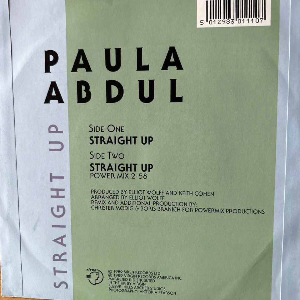 Paula Abdul Straight Up Vinyl Record SRNN 111 7 1989 VG Condition - Image 2 of 3