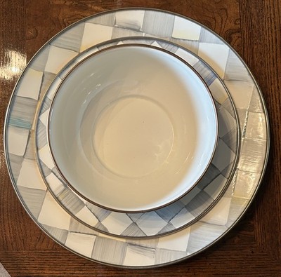 Mackenzie Childs LOT1  Sterling Check Enamel - 3pcs. Dinner, Salad, EverydayBowl