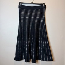 Max Studio Black/Brown Striped Knit Midi Skirt Flare Gathered Yoke Medium Cozy