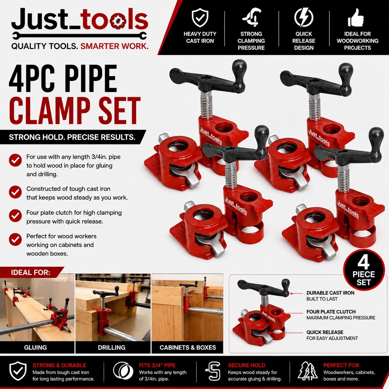 Neilsen Red,Silver,Green 4Pc 3/4" Wood Gluing Pipe Clamp Set - Heavy Duty Cast Iron Clamps For Woodworking - Red - Image 2