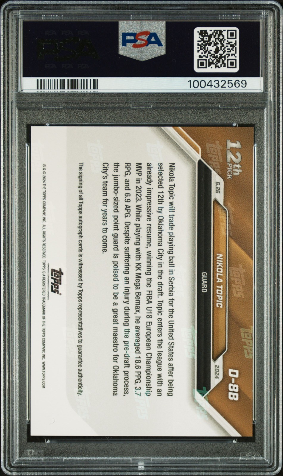 2024 Topps Now Draft Nikola Topic BLUE AUTO /49 #D8B PSA 10 GEM MINT Thunder RC view 2