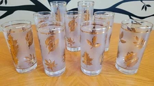 MCM Libby Gold Ivy Leaf Frosted Glasses Highball Tumblers Set Of 9 VINTAGE