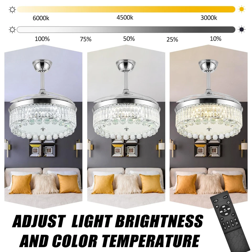 Crystal Ceiling Fans with Lights42 Inch LED 3 Color Remote Control Retractabl... - Image 3 of 4
