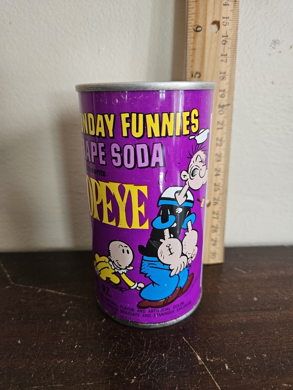 Vintage 1969 Sunday Funnies Popeye Grape Pop Soda Can Comic