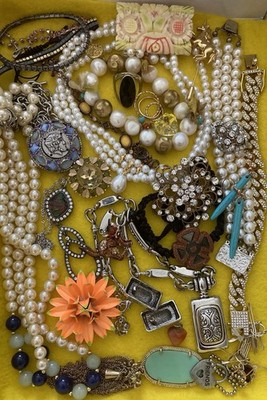 Elegant Jewelry Mix Lot & Signed Goldstone Pearl Coin Byzantine Parure RS Enamel