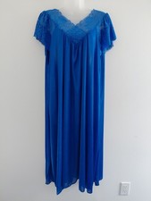 Vtg Lati Fashion Intimates Nightgown Womens XXL Blue Satin Floral Lace Midi NEW