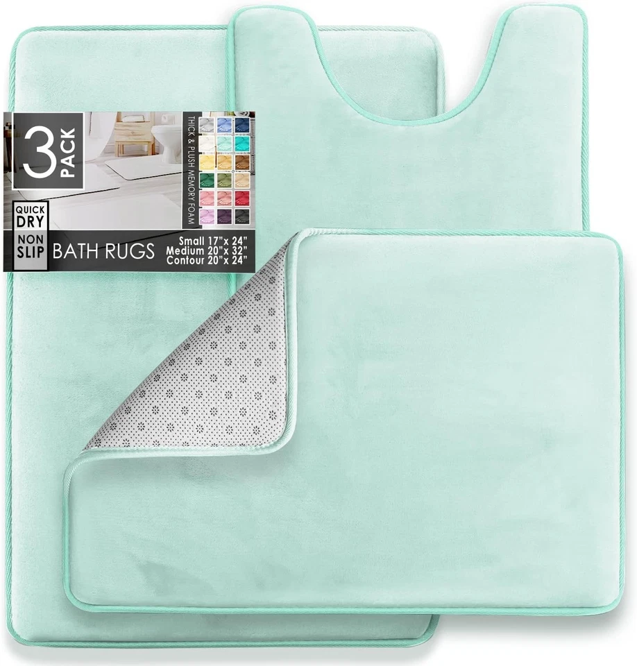 Juego de alfombras de baño de secado rápido de 3 piezas - espuma viscoelástica de terciopelo de felpa, azul claro Foto 4 de 4