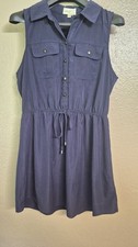 BeBop XL Navy Blue Shirt Dress Button Collared Sleeveless Polyester Drawstring