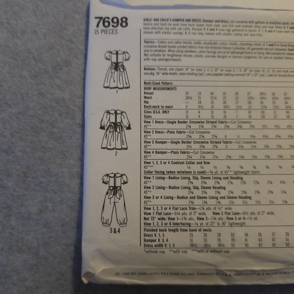 Simplicity UNCUT Sewing Pattern 7698 Daisy Kingdom Girls Child Romper Dress 3-5 - Image 4 of 4