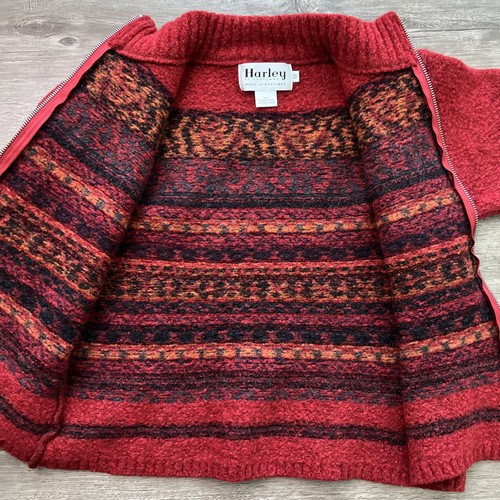 Harley of Scotland Full Zip Sweater Womens Small Red Pattern Fuzzy Knit Wool - Picture 6 of 8