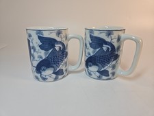 Chinese Blue & White Koi Fish Ceramic Coffee Mugs - Set of 2