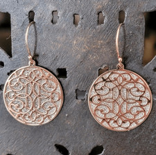 NEW Rose Gold Over Sterling Ornate Flourish Sparkle Round Dangle Drop Earrings