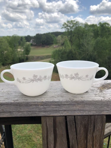 Vintage Corning Ware  Gray Flower Milk Glass Coffee Cup/mug 1970s Lot Of (2)