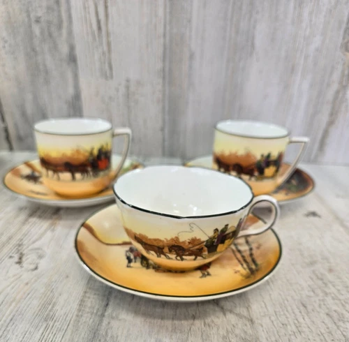 Royal Doulton Coaching Days 3 Teacups & Saucers Made in England