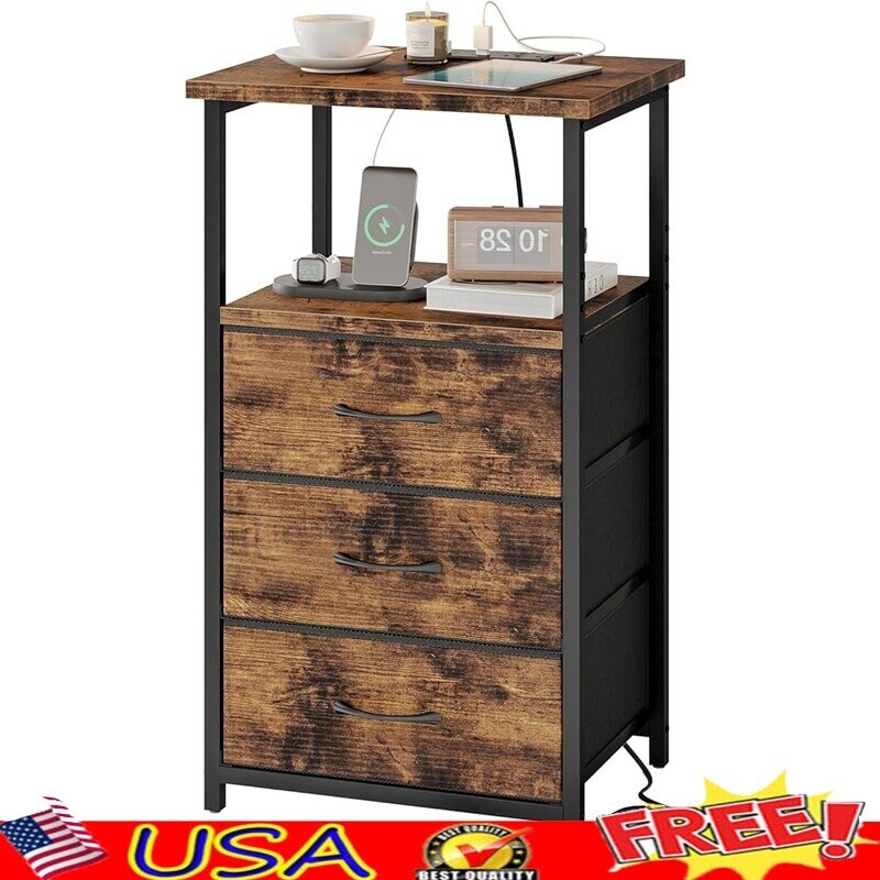 Modern Nightstand with 3 Fabric Drawers & Built-In Charging Station for Small Spaces-image