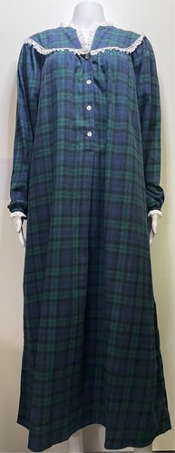 Lanz of Salzburg Nachthemd lang Flanell Tartan Spitzenbesatz grün blau Gr. S NEU