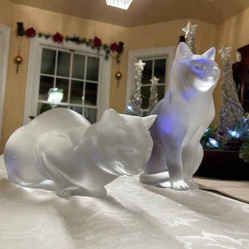 Lalique Crystal Sitting & Crouching Cat Figurines France MINT - Picture 20 of 20