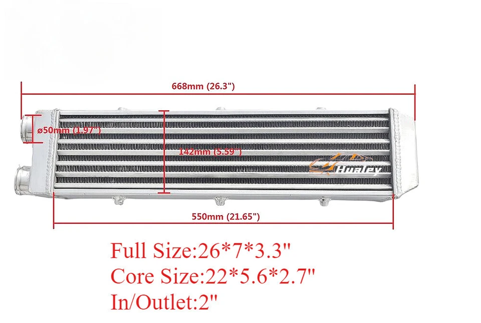 2" Aluminum Universal I/O One Side Turbo Front Mount Intercooler 26"x7"x3.3" - Image 2 of 4
