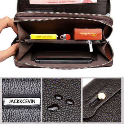 Luxury Black Men's Leather Wallet Double Zipper Long Clutch