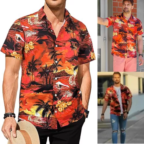 Hawaiianisches Hemd Herren Kokosnussbaum Druck Strand Urlaub Aloha Party kubanischer Kragen - Bild 8 von 48