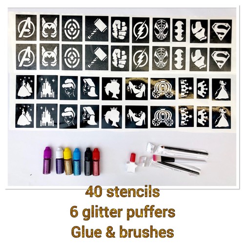 Superhero Princess GLITTER TATTOO KIT. 40 Stencils 6 Puffers Glue And
