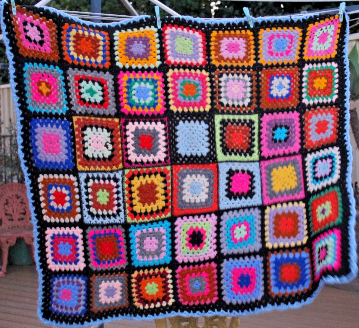 Crochet Knit Light Wool Rug 145 x 125 cm Handmade Retro Rainbow Squares 600-gram
