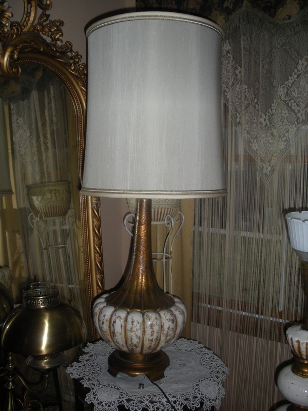 MCM Italian Pottery Lamp White Torchiere Gold Hollywood Regency Lamp 45"